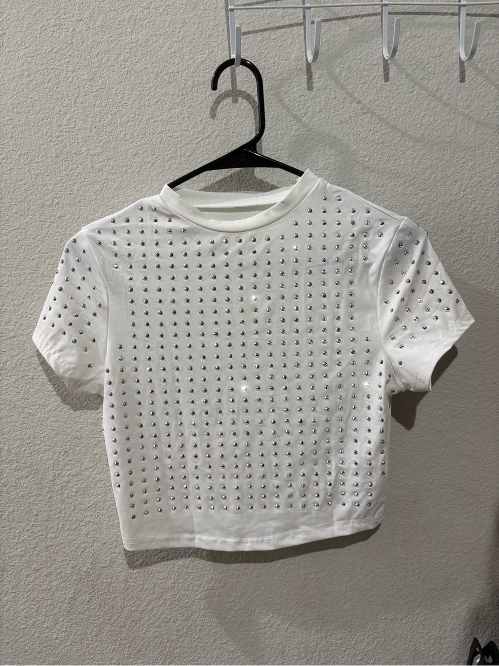 White Short-Sleeve Studded Crop Top